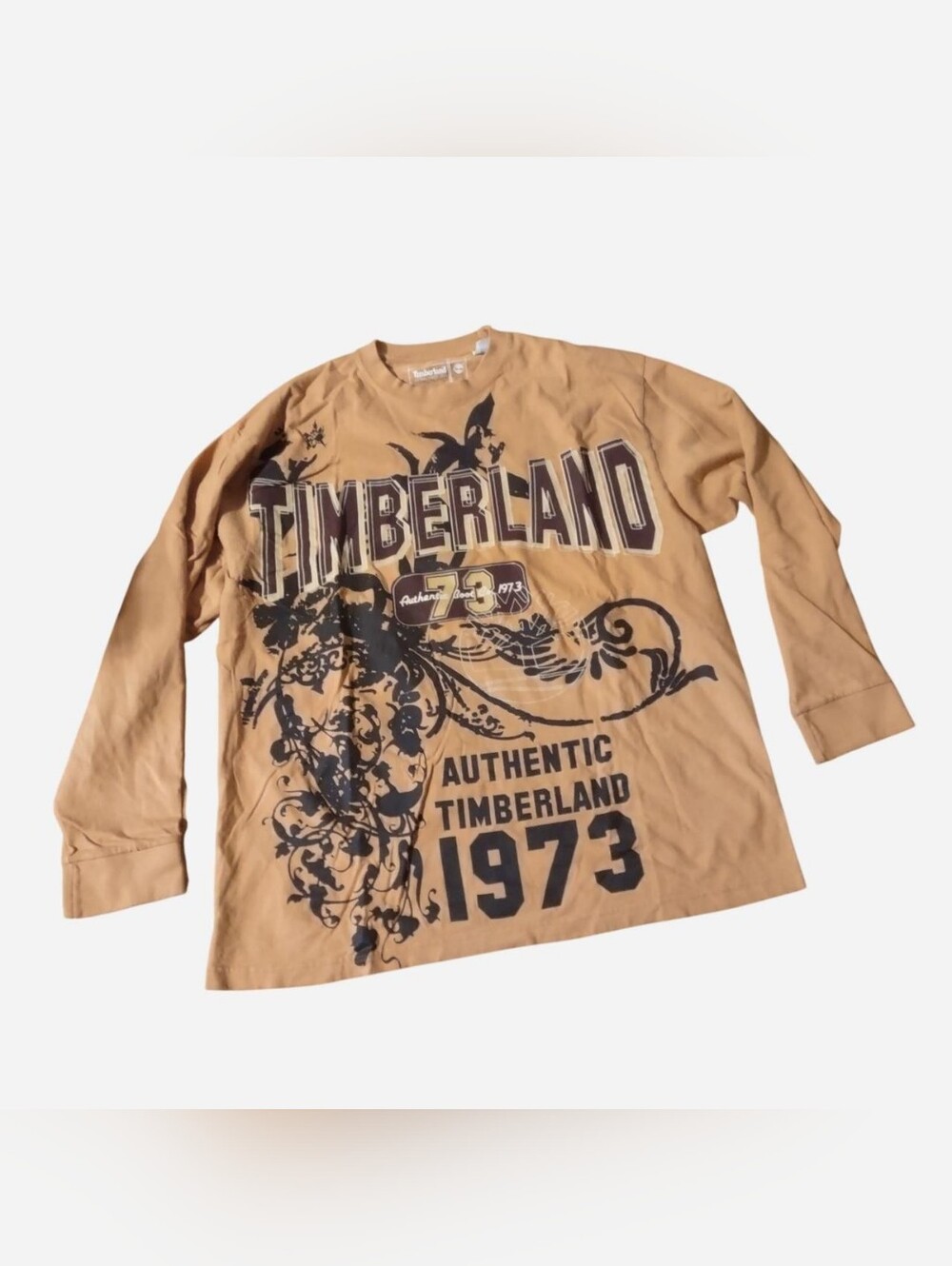 Timberland beige long sleeve logo shirt with design size large
